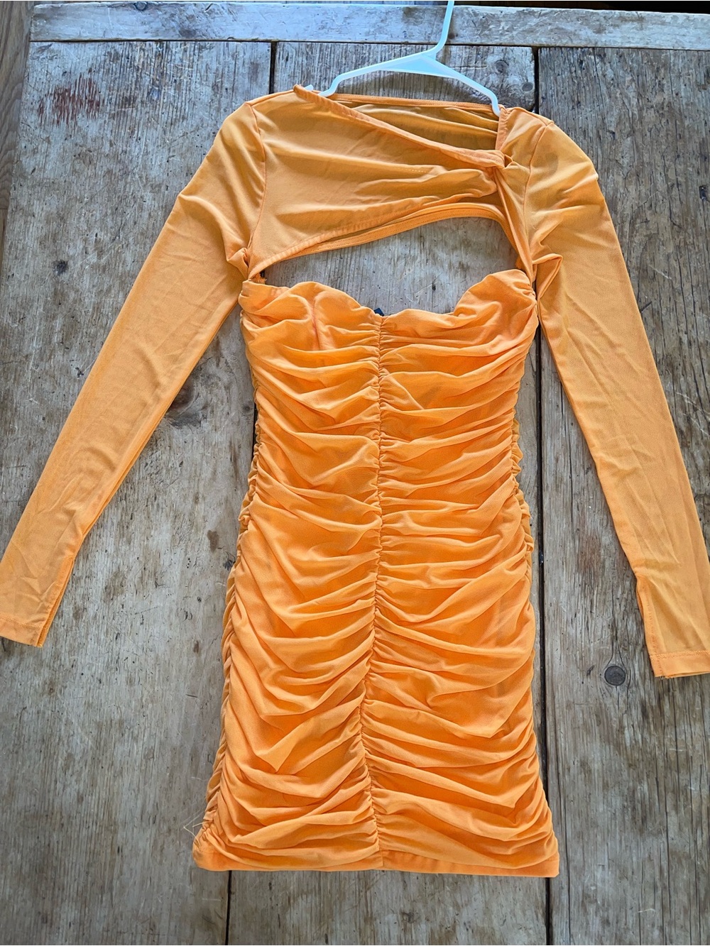 White Fox Boutique Orange Long-Sleeve Ruched Cutout Dress